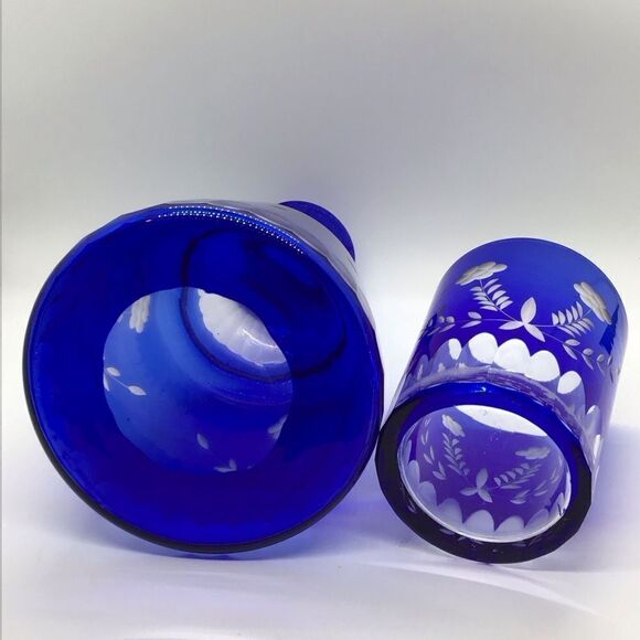 Czech Cobalt Glass Cut to Clear Bedside Carafe - Picture 5 of 8